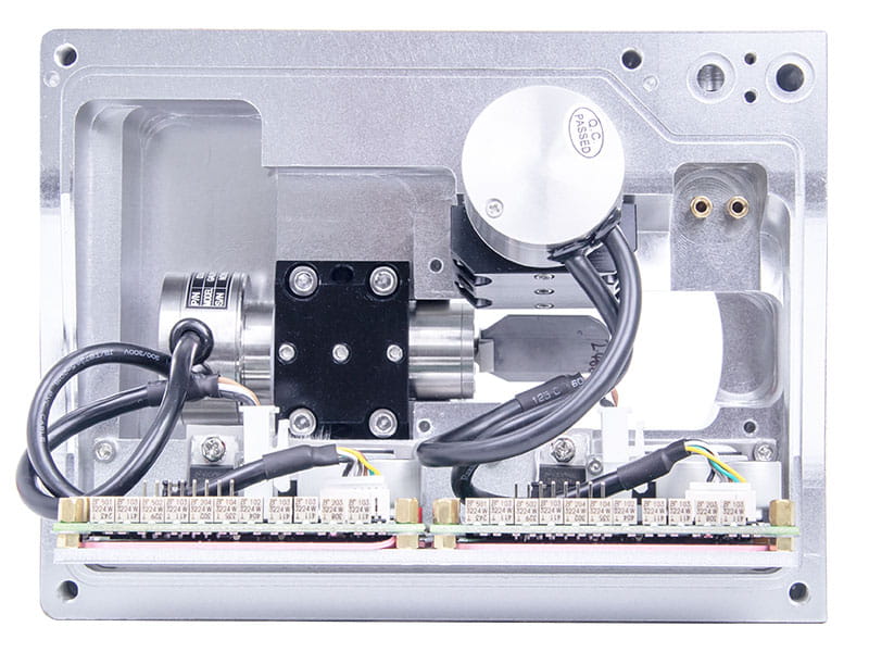 Galvo scan head cross-section showing galvo motor and driver board